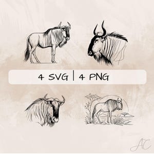 Może przedstawiać: Cztery czarno-białe rysunki gnu. Pierwsze dwa przedstawiają głowę i ramiona zwierzęcia, podczas gdy dwa ostatnie to rysunki w pełnym rozmiarze. Ostatni rysunek przedstawia gnu stojącego na trawiastym polu.