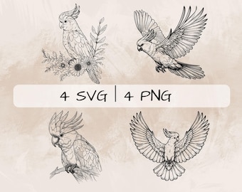 Paquete SVG de cacatúa delicada, arte lineal de cacatúa PNG, clipart de cacatúa floral, imágenes de pájaros y flores dibujadas a mano para imprimir y grabar