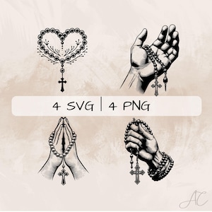 Rosary SVG Bundle, Floral Rosary PNG, Rosary in Hands Clipart, Hand drawn Rosary and Hand pictures for print and engraving