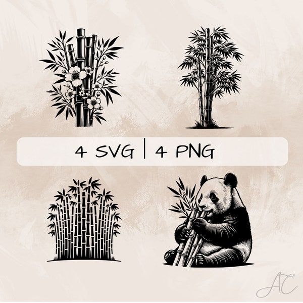 Bamboo SVG Bundle, Bamboo and Panda PNG, Bamboo Flower Clipart, Hand drawn Bamboo pictures for print and engraving