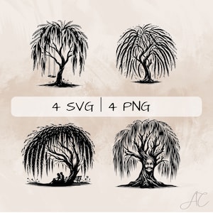 May include: Four black and white illustrations of weeping willow trees. The first tree has a swing hanging from its branches. The second tree is a simple silhouette. The third tree has a couple sitting under its branches. The fourth tree has a face carved into its trunk.