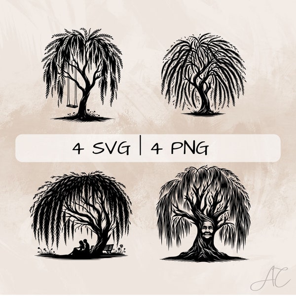 Weidenbaum SVG-Bundle, Weidenbaum und Schaukel PNG, Weidenbaum und Liebhaber Clipart, handgezeichnete Weidenbaum Bilder zum Drucken und Gravieren