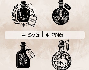 May include: Four black and white digital illustrations of potion bottles. Each bottle features a unique design, including botanical elements, stars, and tags with text. The text "4 SVG | 4 PNG" is displayed in a white rectangle.