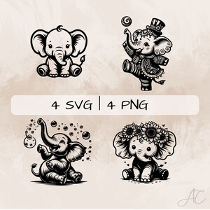 May include: Four black and white illustrations of elephants. One elephant is sitting with its trunk up, another is sitting with its trunk down, another is juggling a ball, and the last one is wearing a sunflower crown.
