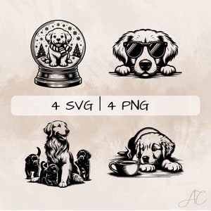 Golden Retriever SVG bundle, Dog PNG, Peeking Golden Retriever Clipart, Hand drawn Golden Retriever pictures for print and engraving