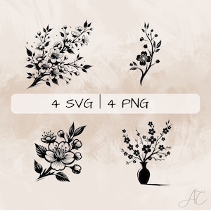 Cherry Blossom SVG bundle, Cherry PNG, Flower Clipart, Hand drawn Cherry Blossom pictures for print and engraving