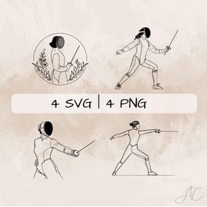 May include: Four black and white illustrations of fencers. The fencers are wearing fencing masks and holding fencing swords. The illustrations are in a minimalist style and are perfect for use in a variety of projects.
