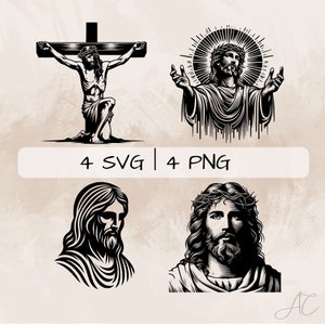 Jesus SVG bundle, Jesus on Cross PNG, Jesus Face Clipart, Hand drawn Jesus pictures for print and engraving