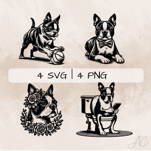 Boston Terrier SVG bundle, Boston Terrier with Flowers PNG, Terrier Clipart, Hand drawn Boston Terrier pictures for print and engraving