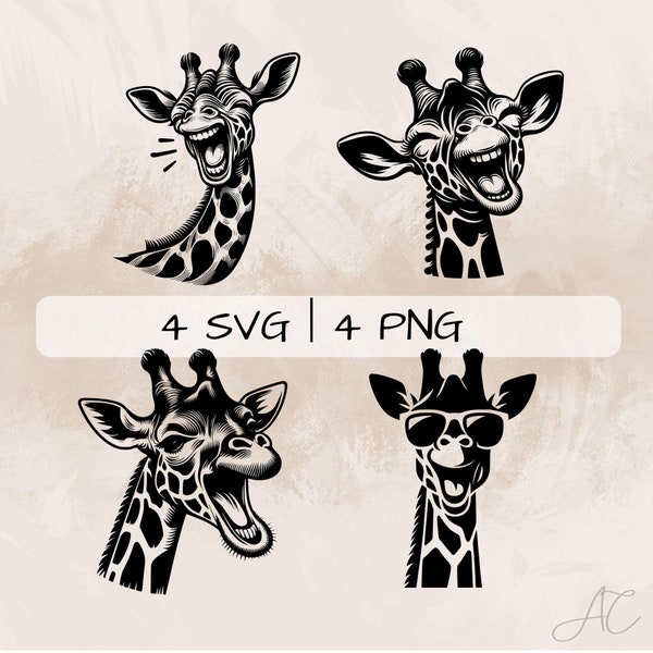 Giraffe SVG Bundle, Laughing Giraffe PNG ,Smiling Giraffe Clipart, Hand drawn Laughing Giraffe pictures for print and engraving