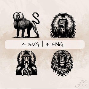 Baboon SVG Bundle, Baboon Growl PNG ,Baboon and Banana Clipart, Hand drawn Baboon pictures for print and engraving