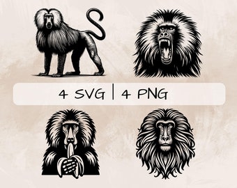 Baboon SVG Bundle, Baboon Growl PNG ,Baboon and Banana Clipart, Hand drawn Baboon pictures for print and engraving