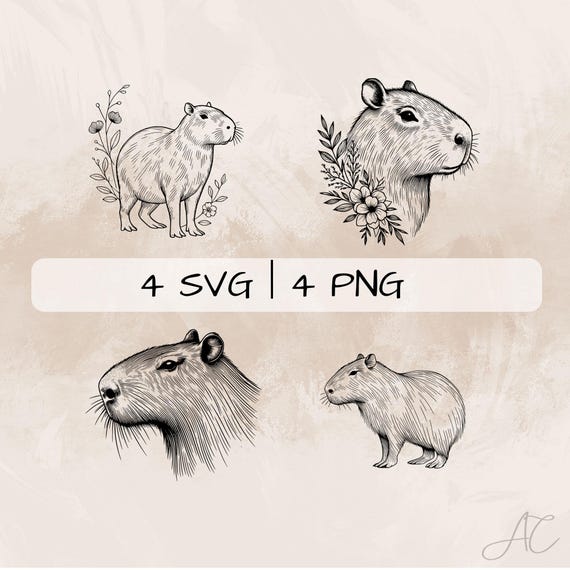 Delicate Capybara SVG Bundle, Capybara Line Art PNG, Cute Capybara Face Clipart, Hand drawn Floral Capybara pictures for print and engraving
