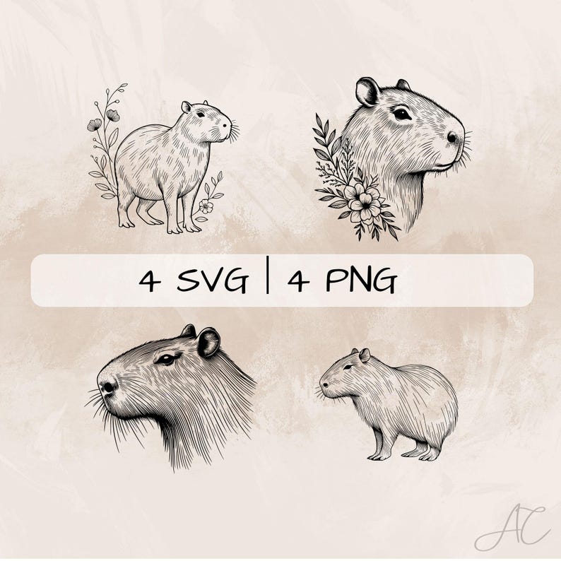 Delicate Capybara SVG Bundle, Capybara Line Art PNG, Cute Capybara Face Clipart, Hand drawn Floral Capybara pictures for print and engraving image 1