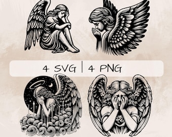 Paquete SVG de ángel, PNG de ángel llorando, imágenes prediseñadas de lágrimas de ángel, imágenes de ángel llorando dibujadas a mano para imprimir y grabar