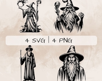May include: Four black and white illustrations of wizards with long beards and pointed hats. Each wizard is holding a staff and is depicted in a different pose.