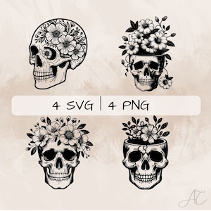 Floral Skull SVG, Skull with Flowers PNG, Skull Clipart, Hand drawn Floral Skull pictures for print and engraving