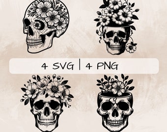 Floral Skull SVG, Skull with Flowers PNG, Skull Clipart, Hand drawn Floral Skull pictures for print and engraving