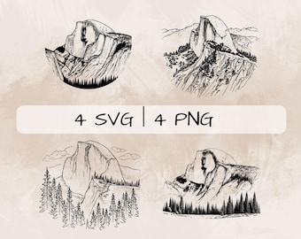 Może przedstawiać: Cztery czarno-białe rysunki Half Dome, słynnej formacji skalnej w Parku Narodowym Yosemite. Każdy rysunek przedstawia inną perspektywę góry, niektóre z otaczającymi drzewami i górami.