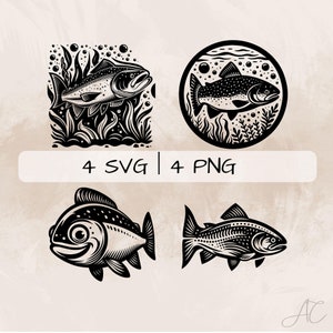 Salmon Fish SVG Bundle, Salmon PNG ,Salmon in Sea Clipart, Hand drawn Salmon Fish pictures for print and engraving