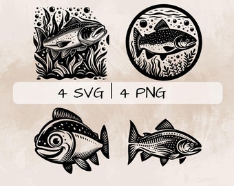 Pakiet SVG Łosoś Ryba, Łosoś PNG, Łosoś w Morzu Clipart, Rysowane ręcznie zdjęcia Łososia Ryba do druku i grawerowania