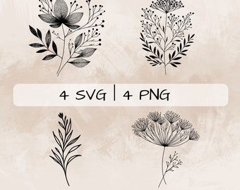 Wildflower SVG Bundle, Wild Flowers PNG, Wildflower Clipart, Hand drawn Wildflower pictures for print and engraving
