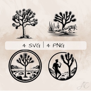 May include: Four black and white illustrations featuring a Joshua Tree. Two of the illustrations are simple, while the other two are in a circle with a background. One of the illustrations in a circle features a person drinking from a water bottle.