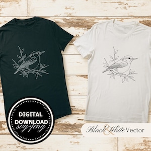 Peut inclure: Deux t-shirts, un noir et un blanc, chacun avec un dessin au trait noir et blanc d'un oiseau sur une branche. Le t-shirt noir porte un graphique circulaire avec l'inscription "DIGITAL DOWNLOAD svg.png". Le t-shirt blanc porte l'inscription "Black & White Vector".