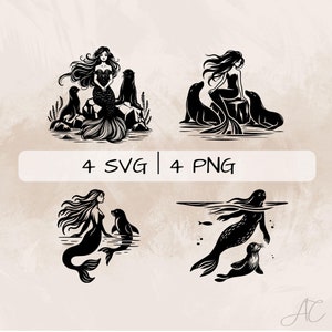 May include: Four black and white silhouette illustrations of mermaids with seals. The mermaids are depicted with long flowing hair and tails. The seals are shown in various poses, some with their flippers raised.