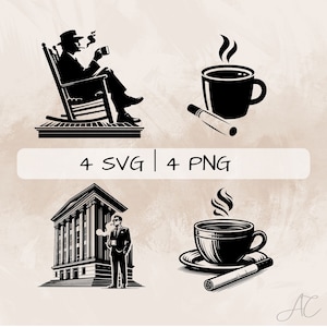 Puede incluir: Cuatro ilustraciones en blanco y negro: un hombre sentado en una mecedora con una taza de café y un cigarrillo, una taza de café con un cigarrillo, un hombre de pie frente a un edificio con una taza de café y un cigarrillo, y una taza de café con un cigarrillo en un platillo.