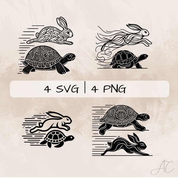 Tortoise and the Hare SVG bundle, Race PNG, Tortoise clipart , Hare vector, Hand drawn Tortoise and Hare pictures for print and engraving