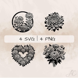 Chrysanthemum SVG Bundle, Chrysanthemum Flower PNG ,Chrysanthemum Wreath Clipart, Hand drawn Chrysanthemum pictures for print and engraving