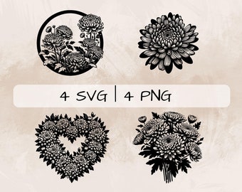 Chrysanthemum SVG Bundle, Chrysanthemum Flower PNG ,Chrysanthemum Wreath Clipart, Hand drawn Chrysanthemum pictures for print and engraving