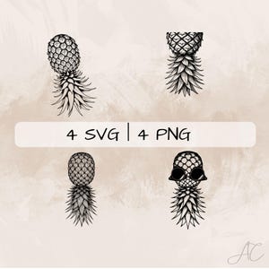 Może przedstawiać: Cztery czarno-białe ilustracje ananasów. Dwa ananasy stoją prosto, jeden jest odwrócony do góry nogami, a jeden ma okulary przeciwsłoneczne.