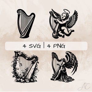 Harp SVG bundle, Floral Harp PNG, Angel with Harp  Clipart, Hand drawn Harp pictures for print and engraving