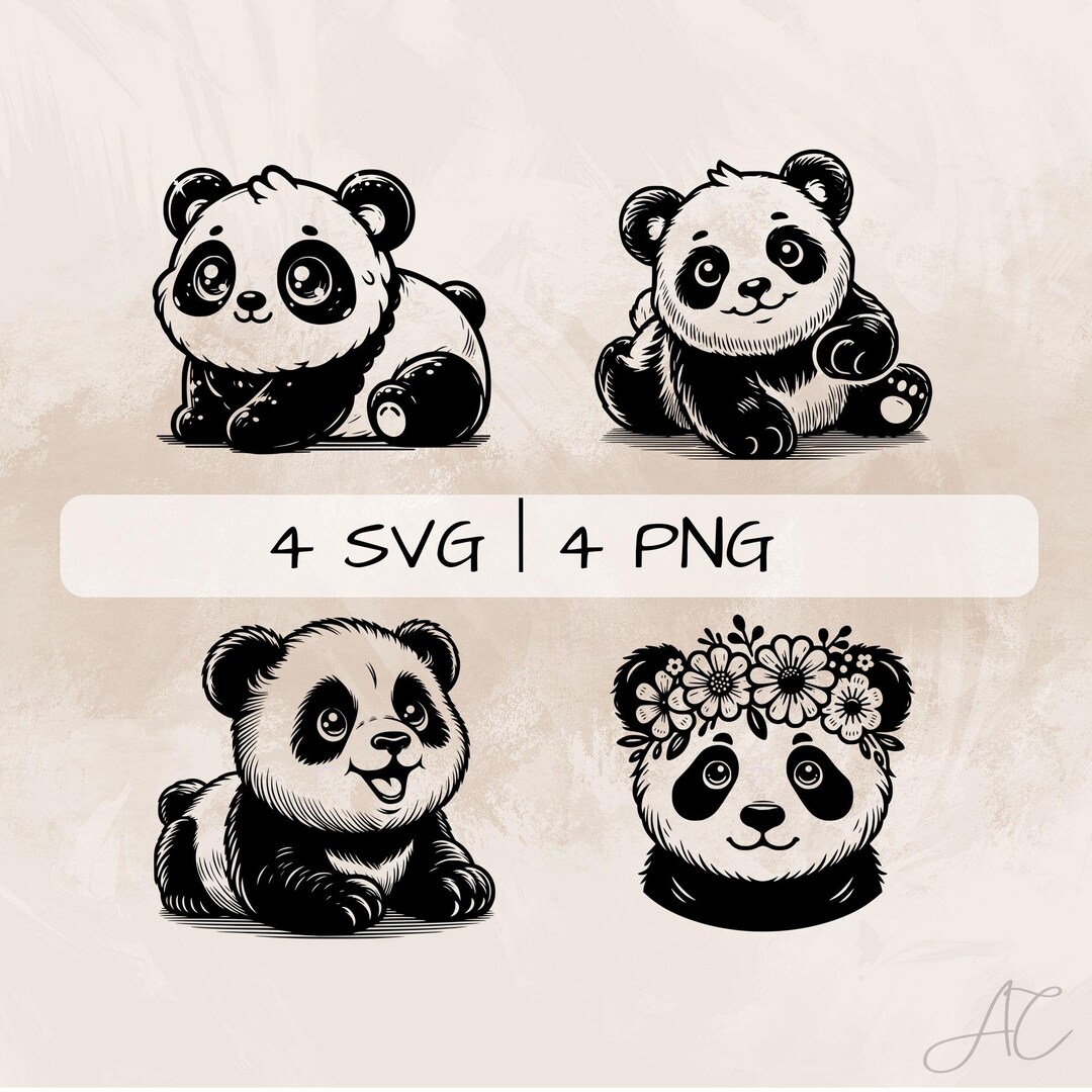 Baby Panda SVG Bundle, Cute Panda PNG, Floral Panda Clipart, Hand Drawn ...