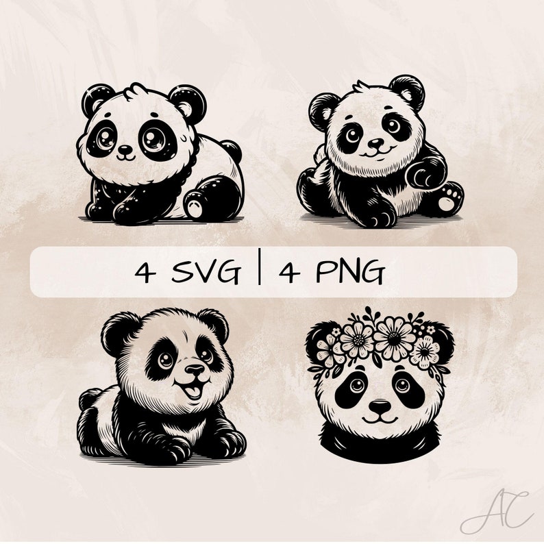 Baby Panda SVG Bundle, Cute Panda PNG, Floral Panda Clipart, Hand Drawn ...