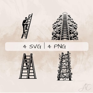 May include: Four black and white illustrations of ladders. The first shows a person climbing a ladder. The second shows a ladder ascending into clouds. The third shows a simple ladder. The fourth shows a ladder with vines growing up it. The text "4 SVG | 4 PNG" is below the images.