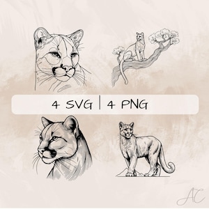 Delicate Cougar SVG Bundle, Cougar Line Art PNG, Cougar Face Clipart, Hand drawn Cougar pictures for print and engraving