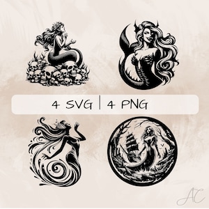 Siren SVG bundle, Siren and Skulls PNG, Singing Siren Clipart, Hand drawn Siren pictures for print and engraving