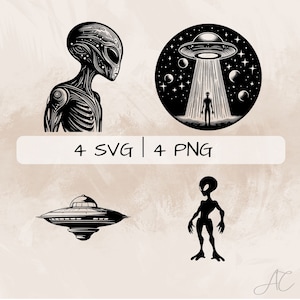 May include: A set of four black and white illustrations featuring an alien, a UFO, and a beam of light. The illustrations are in a vintage style and would be great for use in a variety of projects.