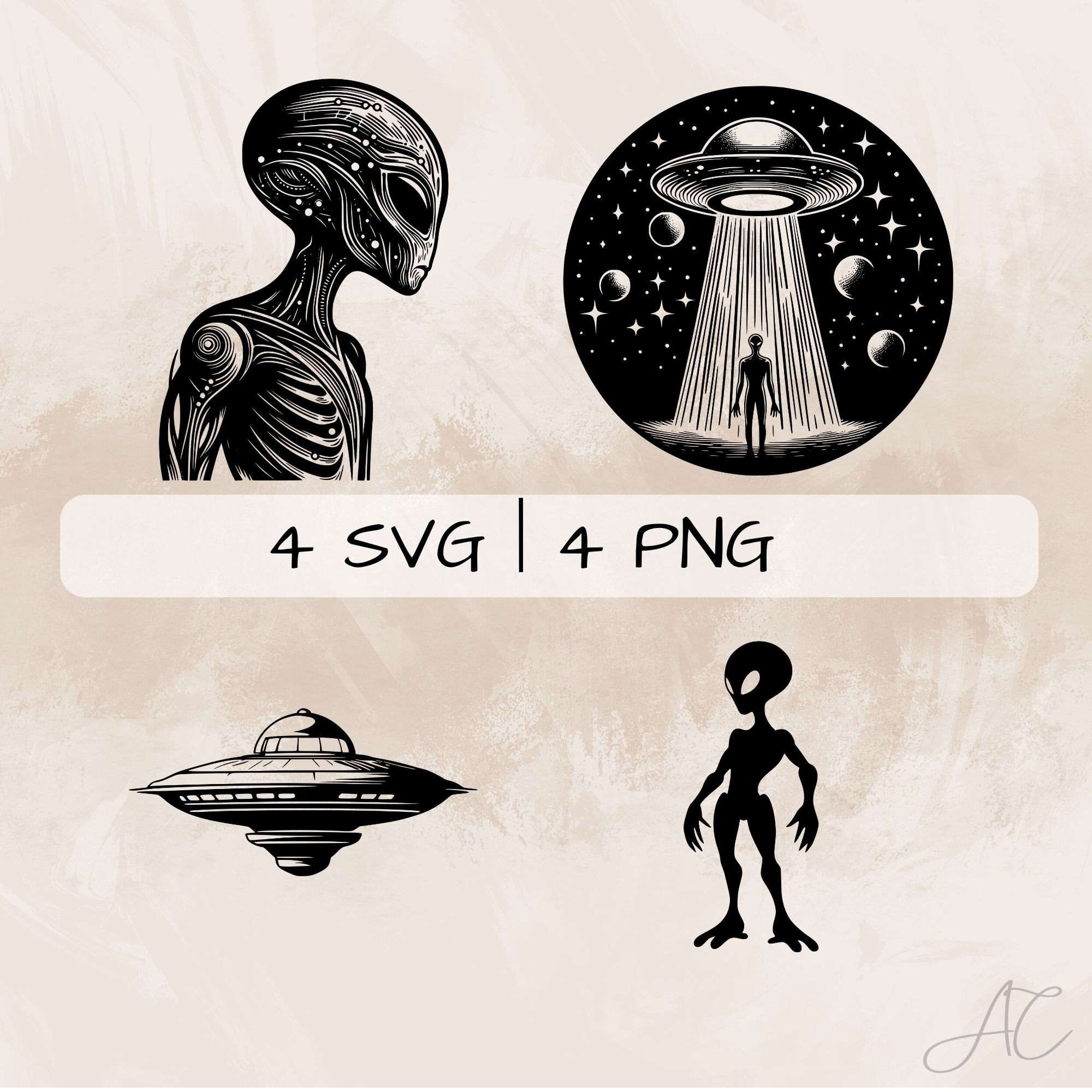 Alien SVG Bundle, UFO PNG, Alien Spaceship Clipart, Hand Drawn Alien ...