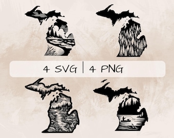 Pacchetto SVG Michigan, Michigan Outline PNG, Michigan Map Clipart, immagini Michigan disegnate a mano per la stampa e l'incisione
