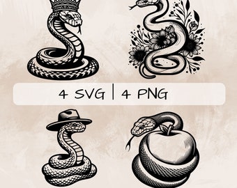 May include: Four black and white illustrations of snakes. The first snake is wearing a crown. The second snake is surrounded by flowers. The third snake is wearing a hat. The fourth snake is wrapped around an apple.