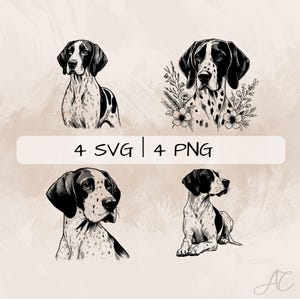 Peut inclure: Quatre illustrations en noir et blanc d'un Braque allemand à poil court. Le chien est représenté dans différentes poses, notamment assis, debout et couché. Les illustrations sont dans un style simple et minimaliste.