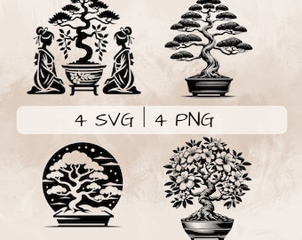 Bonsai Tree SVG Bundle, Bonsai Tree with Flowers PNG, Bonsai Tree and Snow Clipart, Hand drawn Bonsai Tree pictures for print and engraving