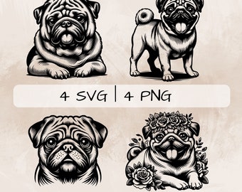 Pug SVG Clipart: Floral Pug Face PNG Graphics (Digital Download)