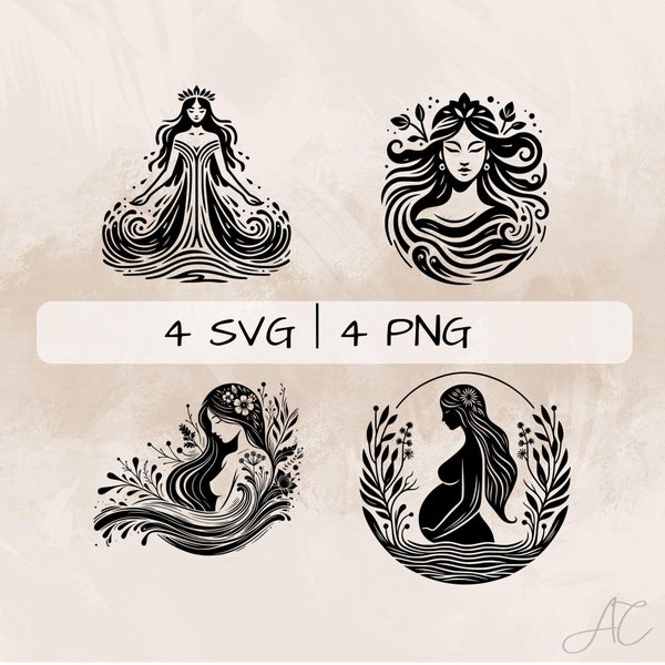 Danu SVG Bundle, Irish Goddess PNG, River Goddess Clipart, Hand drawn Earth-Mother Goddess pictures for print and engraving