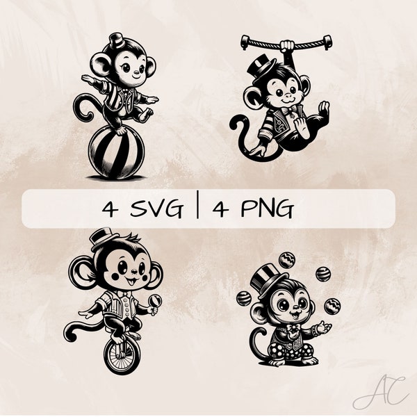 Circus Monkey SVG bundle, Circus PNG, Monkey Clipart, Hand drawn Circus Monkey pictures for print and engraving