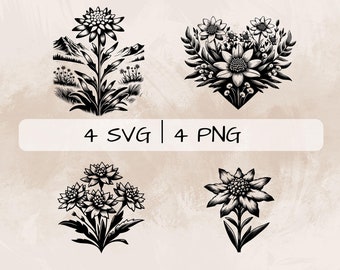 Edelweiss SVG Bundle, Edelweiss Flower PNG ,Edelweiss Scene Clipart, Hand drawn Edelweiss pictures for print and engraving